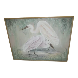 1970s Pink Pelican on Canvas Wall Hanging in Wood Frame