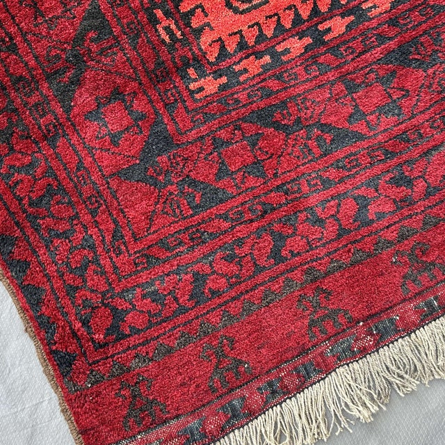 Vintage Red Afghan Bokhara Tribal Hand-Knotted Wool Rug - 4' X 6'5" For Sale - Image 9 of 9