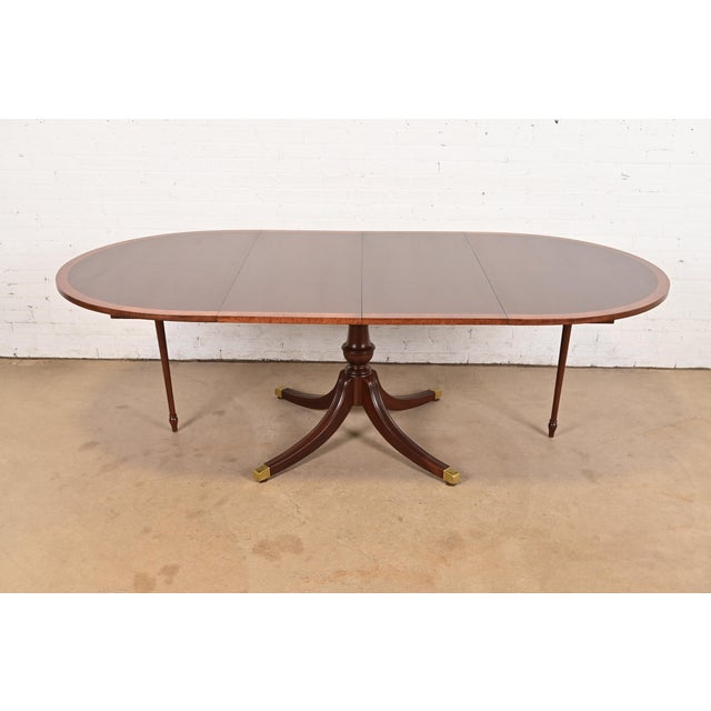 Brown Baker Furniture Style Georgian Banded Mahogany Pedestal Extension Dining Table, Newly Refinished For Sale - Image 8 of 13