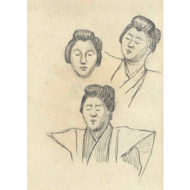 Drawing of figures in traditional outfits by a Japanese artist. Some pages from the sketchbook are signed by the artist...