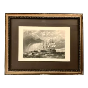 Vintage Engraving Ships at Anchor h.t. Dawson Framed.