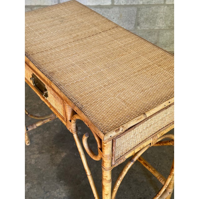 1970s British Colonial Style Burnt Bamboo, Cane, and Rattan Desk or Console For Sale In Philadelphia - Image 6 of 12