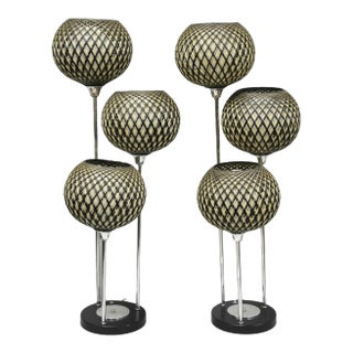 Vintage Mid Century Modern Woven Spun Fiberglass Triple Shade Table Lamp - Pair For Sale