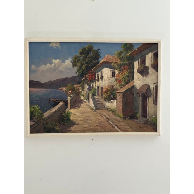 Italian Coastal Village Oil Painting, Attributed to Garelli, Mid-Century For Sale - Image 4 of 11