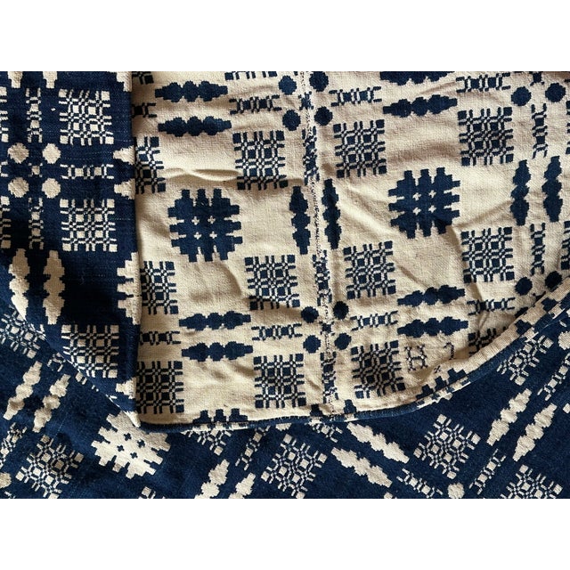 Navy Blue Antique 19th Century Hand Loom Woven Blue and White Coverlet For Sale - Image 8 of 16
