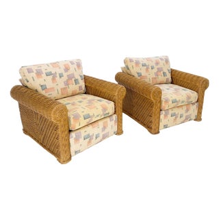 Pair Decorative c1970s Oversize Rttan Bamboo Wicker Club Lounge Chairs Mint! For Sale