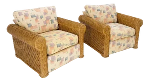 Pair Decorative c1970s Oversize Rttan Bamboo Wicker Club Lounge Chairs Mint!