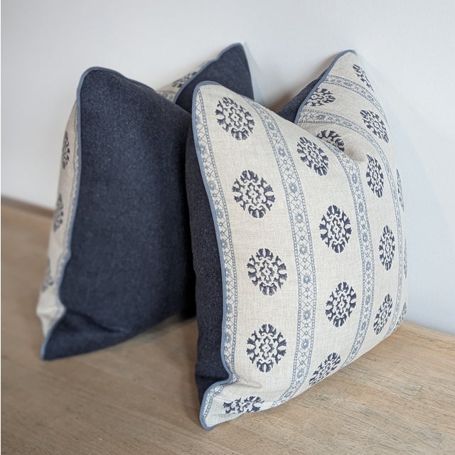 GP & J Baker Alma print in Indigo is 100% linen with Samuel & Sons muted blue cord and coordinating Schumacher navy wool...