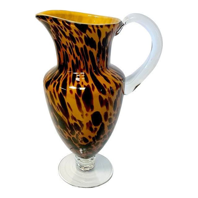 1980s Vintage Italian Boho Chic Hollywood Regency Tortoise Venetian Glass Pitcher. For Sale