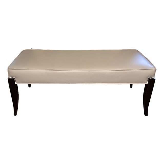 Hollywood Regency Style Cream Leather Bench With Black Saber Legs & Nailhead Trim For Sale