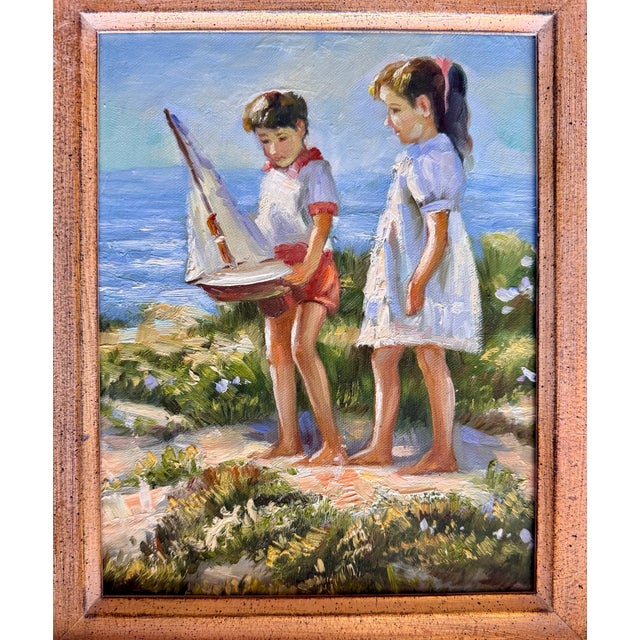 Realism Vintage Coastal Oil Painting-Children-Sailboat-Ornate Gilt Wood Frame-Art-Beach For Sale - Image 3 of 11