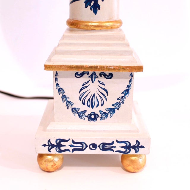 Pair of Neoclassical Painted Lamps, Cream With Blue Designs For Sale - Image 10 of 18