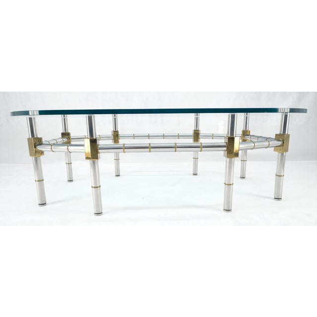 Brass & Chrome Faux Bamboo Base 3/4" Thick Oval Glass Top Coffee Table For Sale - Image 6 of 12