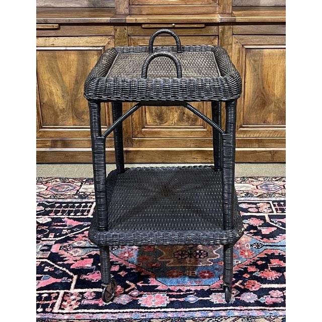 Black Rolling Rattan Serving Cart, 1970s For Sale - Image 8 of 14