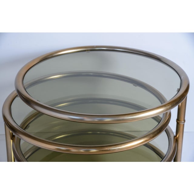 Mid-Century Modern Milo Baughman Style Four-Tier Brass and Smoked Glass Swivel Accent Table For Sale - Image 3 of 9