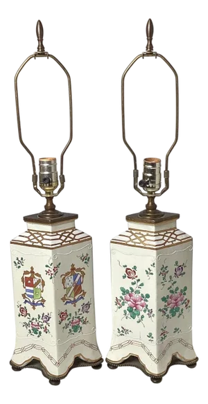Early 20th Century Hand Painted Pair Samson Style Armorial Lamps - a Pair