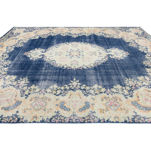 10x13 Antique Persian Kerman Rug - Large Floral Medallion - Navy & Cream For Sale In New York - Image 6 of 11