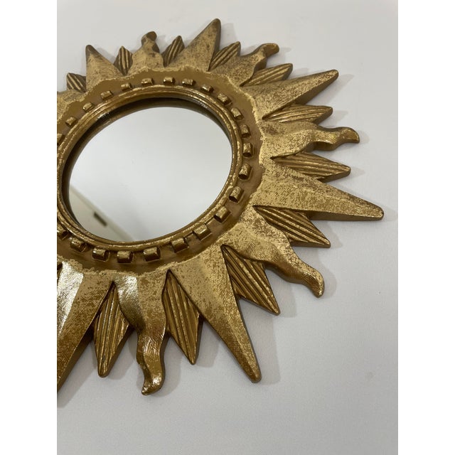 Vintage Mid Century Modern Gilded 12.5" Sunburst Wall Accent Mirror For Sale - Image 6 of 17
