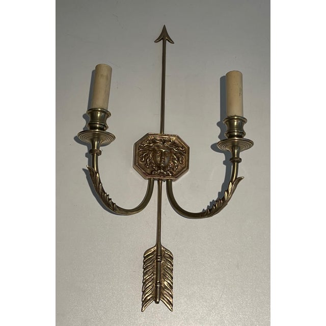 1950s bronze wall sconces with Arrows and Effigy of the Sun King by Louis Gau - a Pair For Sale - Image 4 of 12