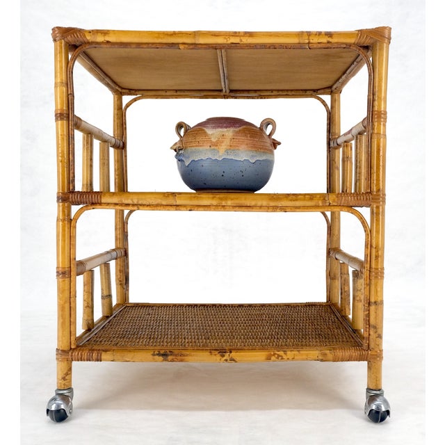Mid Century c1970s Bamboo 3 tier Side End Table Stand on Wheels MINT For Sale - Image 11 of 13
