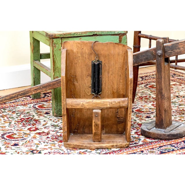 Farmhouse 19th Century American Primitive Wooden Grain Scoop With Folding Support Arm & Iron Hanger For Sale - Image 3 of 18