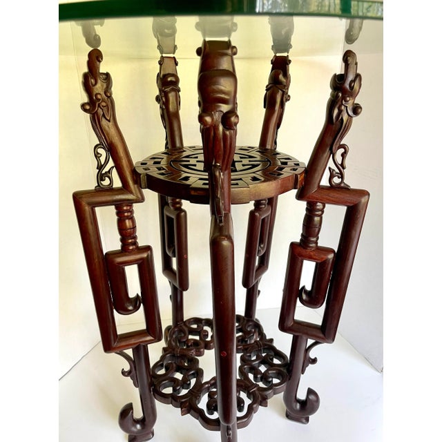 Chinese Mid 20th Century Asian Rosewood Hongmu Dragon Glass Side Table For Sale - Image 3 of 13