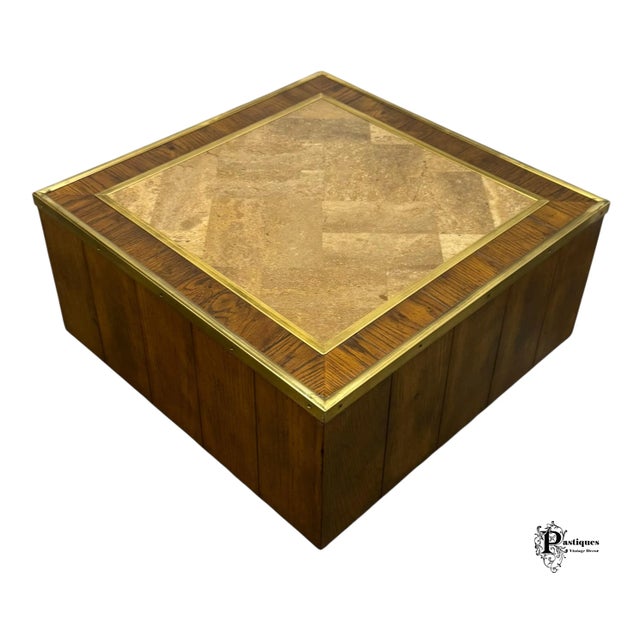 Vintage Mid Century Modern Style Faux Marble & Brass Coffee Table For Sale - Image 4 of 12