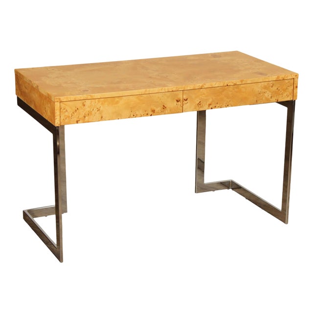 1970's Modern Burlwood and Chrome Writing Desk For Sale