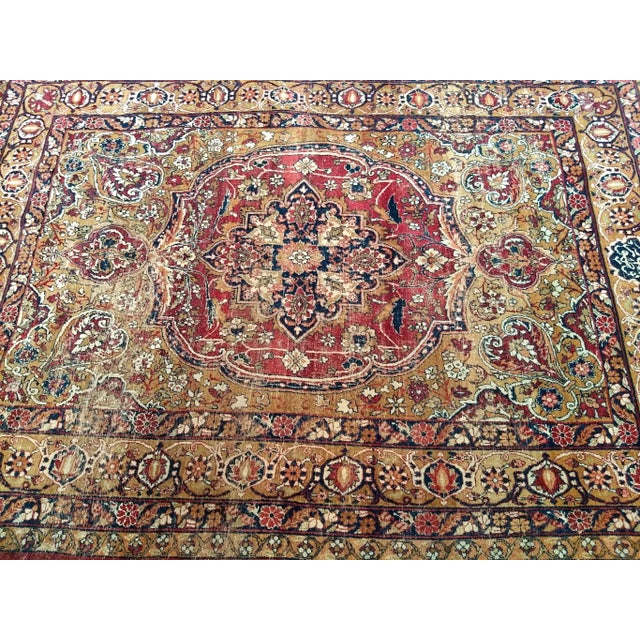 Textile 19Th Century Kerman Lavar Rug, Handwoven Medallion Floral Pattern With Silk Highlights, Gold & Red, 4’ X 6’ For Sale - Image 7 of 8