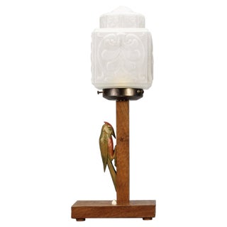 Art Deco Wooden and Frosted Glass Table Lamp with a Woodpecker, 1930s For Sale