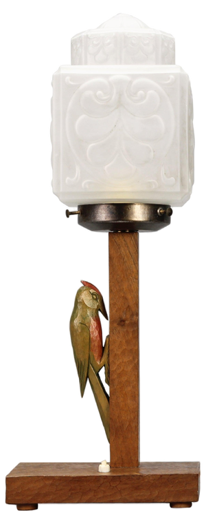 Art Deco Wooden and Frosted Glass Table Lamp with a Woodpecker, 1930s