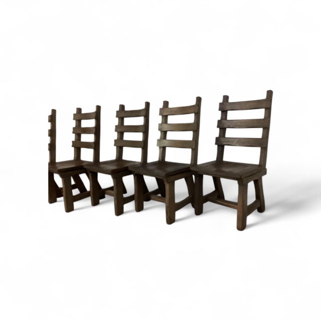 6 x Brutalist oak chairs / Belgium 1970s Height 105Depth 45Width 45Seat height 45 cm