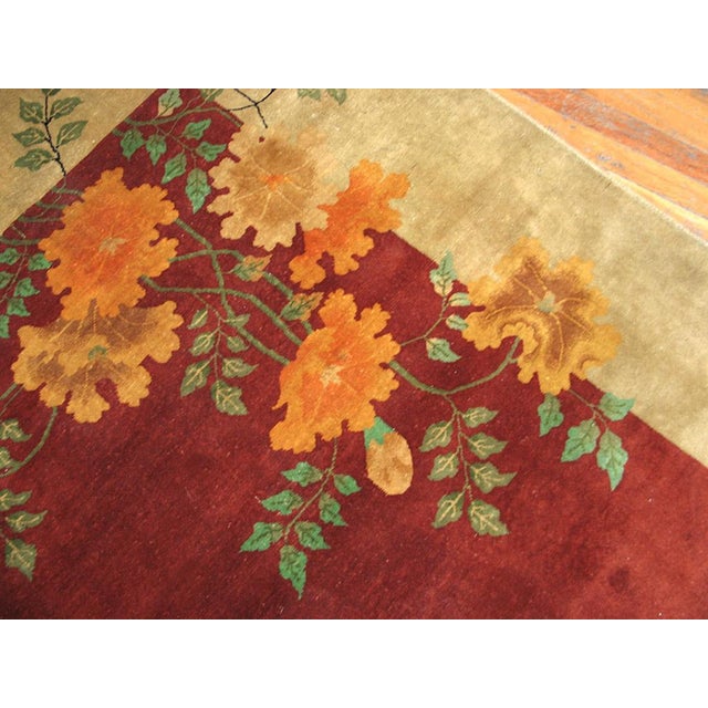 Art Deco 1920s Orange Persimmon Floral Antique Chinese Art Deco Carpet 9' X 12' Handknotted Wool Rug For Sale - Image 3 of 6