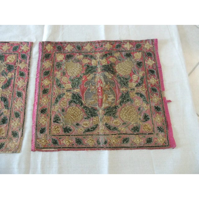 Antique Red and Gold Embroidered Textile Panels - Set of 2 Depicting coat of arms, shells and flowering vines in velvet...