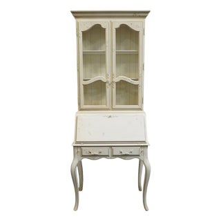 Ethan Allen Country French Collection Off White 32" Secretary Desk W. Display Hutch - Hand Painted Accents 26-9204 / 26-9205 For Sale