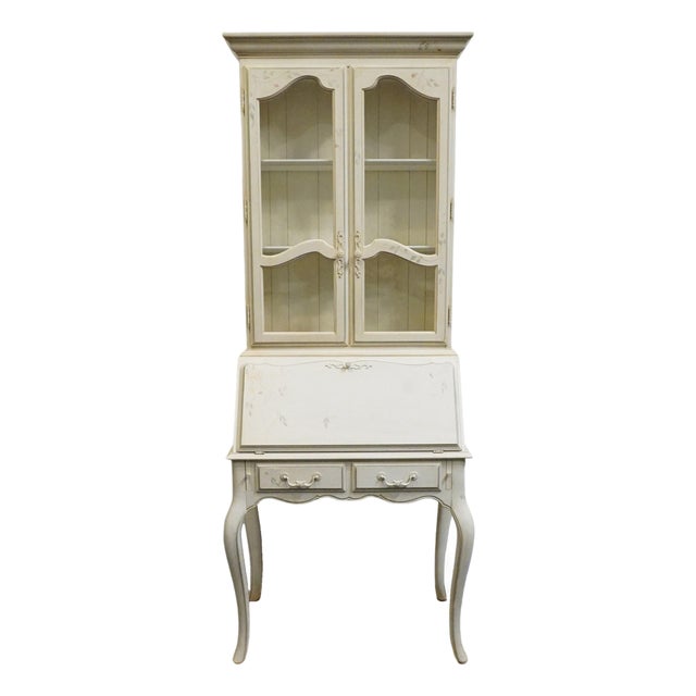 Ethan Allen Country French Collection Off White 32" Secretary Desk W. Display Hutch - Hand Painted Accents 26-9204 / 26-9205 For Sale