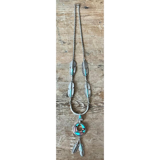 Vintage Turquoise Native American 925 Silver Pendant Necklace For Sale - Image 11 of 11
