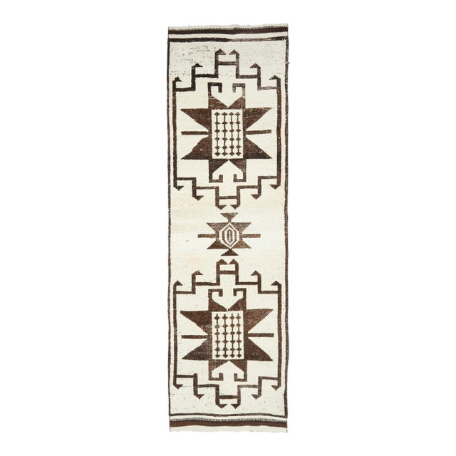 Vintage Turkish Oushak Handmade Wool Cotton White Runner Rug For Sale