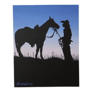 Silhouette Cowboy and Horse Painting - Original Acrylic Art by Randell Seals 16x20 Inches - Western Sunset Decor (1998)