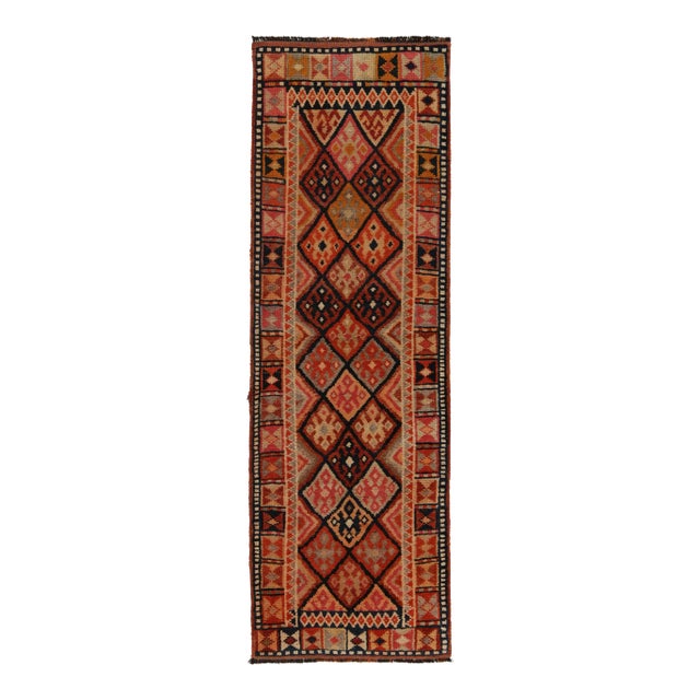 Vintage Turkish Tribal Runner in Orange and Brown With Colorful Geometric Motifs For Sale