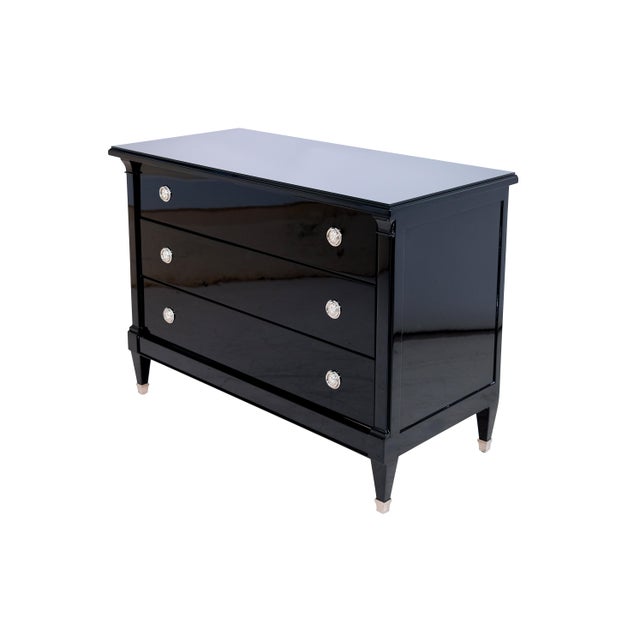 Art Deco Chest of Drawers in Black High-Gloss Lacquer, Fittings and Sabots Nickel-Plated, 1930s, in Restored conditions....