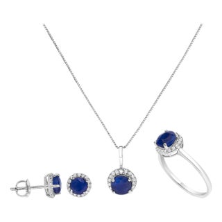 10K White Gold Blue Sapphire and 3/8 Cttw Diamond Halo Jewelry Set (Earrings, Pendant & Ring) For Sale