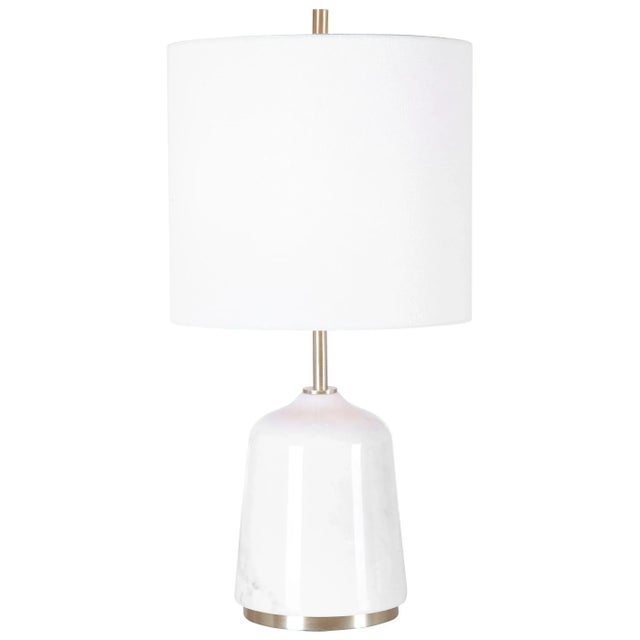 This Elegant Table Lamp Showcases A Thick White Marble Base With With Subtle Gray Veining, Accented With Brushed Light...
