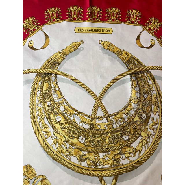 Red HERMÈS CAVALIERS d'OR 1991 Silk Scarf designed by Rybalchenko Vladimir For Sale - Image 8 of 10