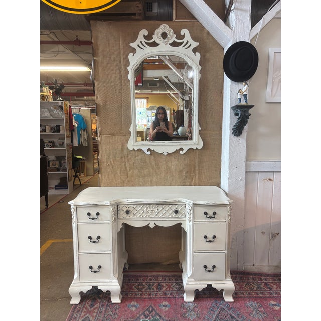 White Distressed French Country Gustavian Style Vanity & Matching Scroll Mirror For Sale - Image 11 of 11