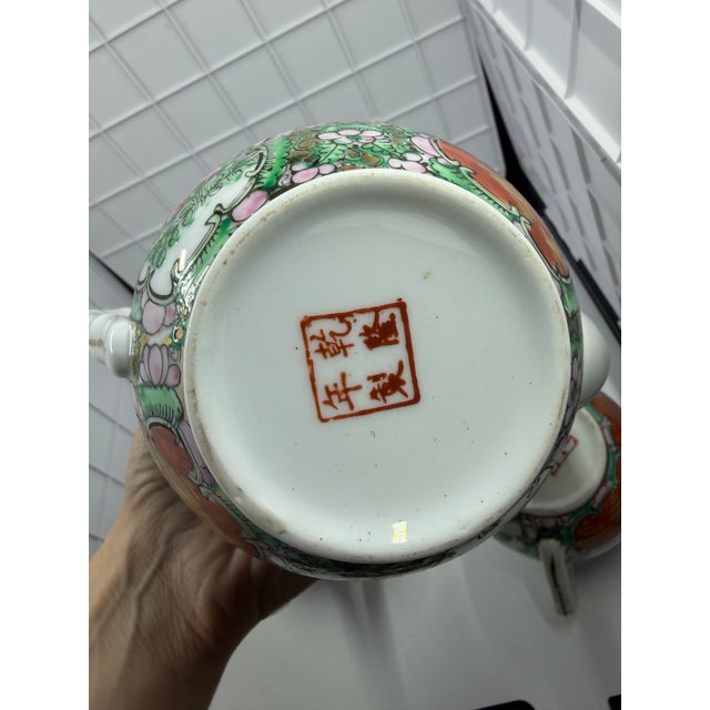 Antique Chinese Famille Rose Medallion Porcelain Tea Set; Teapot, Sugar, Creamer For Sale - Image 10 of 12