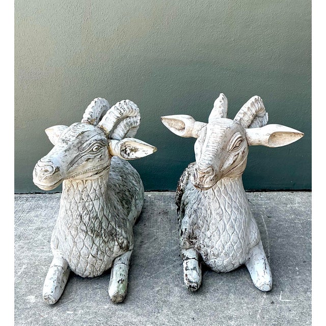 Vintage Monumental Distressed Hand Carved Rams - A Pair For Sale - Image 12 of 13