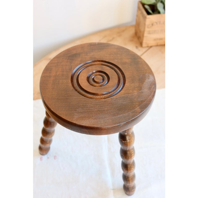 Antique Wooden Tripod Milking Stool with Turned Legs, 1920s For Sale - Image 4 of 6