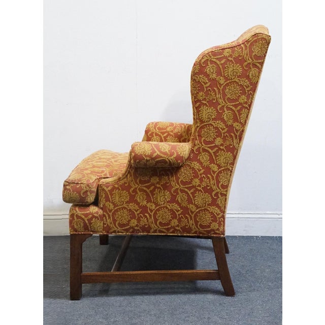 Late 20th Century Henredon Furniture Traditional Gold & Terracotta Scrolling Demask Upholstered Accent Wingback Arm Chair For Sale - Image 5 of 10