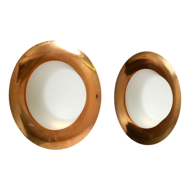 Large Mid-Century Ceiling Lamps in Glass with Copper-Plated Metal Reflector by Kaiser Leuchten, Set of 2 For Sale